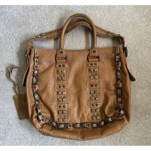 Betsey Johnson RARE Vintage Tan Leather Studded Leopard Interior Bag Purse Boho